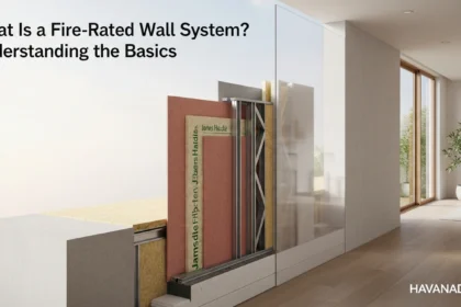 What Is a Fire-Rated Wall System? Understanding the Basics 35 A high-resolution, ultra-realistic image illustrating a modern building wall cross-section showing the components of a fire-rated wall system — layers of James Hardie fiber cement boards, insulation, and steel framing. The setting should appear like a professional architectural diagram brought to life, blending realism with a clean, informative aesthetic. The scene can include a partially transparent 3D cutaway wall beside a modern home interior, showing how fire-rated systems are integrated into real homes. Use soft natural lighting to highlight texture and material quality while maintaining a technical yet elegant tone. Add the title at the top in a clean modern font: “What Is a Fire-Rated Wall System? Understanding the Basics” Place a subtle, semi-transparent “Havanadocks” watermark at the bottom right corner. The overall mood should communicate safety, innovation, and engineering precision, suitable for architectural or educational editorial visuals.