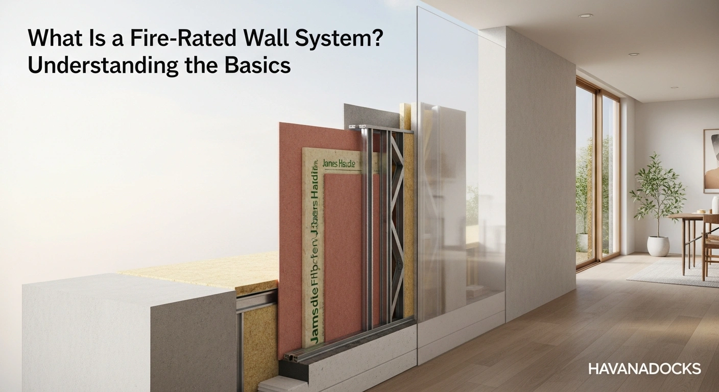 A high-resolution, ultra-realistic image illustrating a modern building wall cross-section showing the components of a fire-rated wall system — layers of James Hardie fiber cement boards, insulation, and steel framing. The setting should appear like a professional architectural diagram brought to life, blending realism with a clean, informative aesthetic. The scene can include a partially transparent 3D cutaway wall beside a modern home interior, showing how fire-rated systems are integrated into real homes. Use soft natural lighting to highlight texture and material quality while maintaining a technical yet elegant tone. Add the title at the top in a clean modern font: “What Is a Fire-Rated Wall System? Understanding the Basics” Place a subtle, semi-transparent “Havanadocks” watermark at the bottom right corner. The overall mood should communicate safety, innovation, and engineering precision, suitable for architectural or educational editorial visuals.